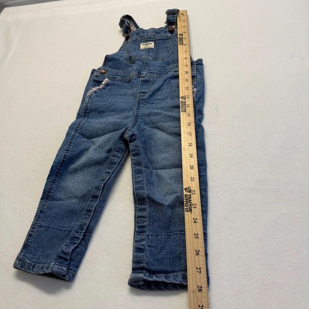 OshKosh B'gosh Girls Blue Denim Floral Lined Ruffle Trim Bib Overalls Size 2T